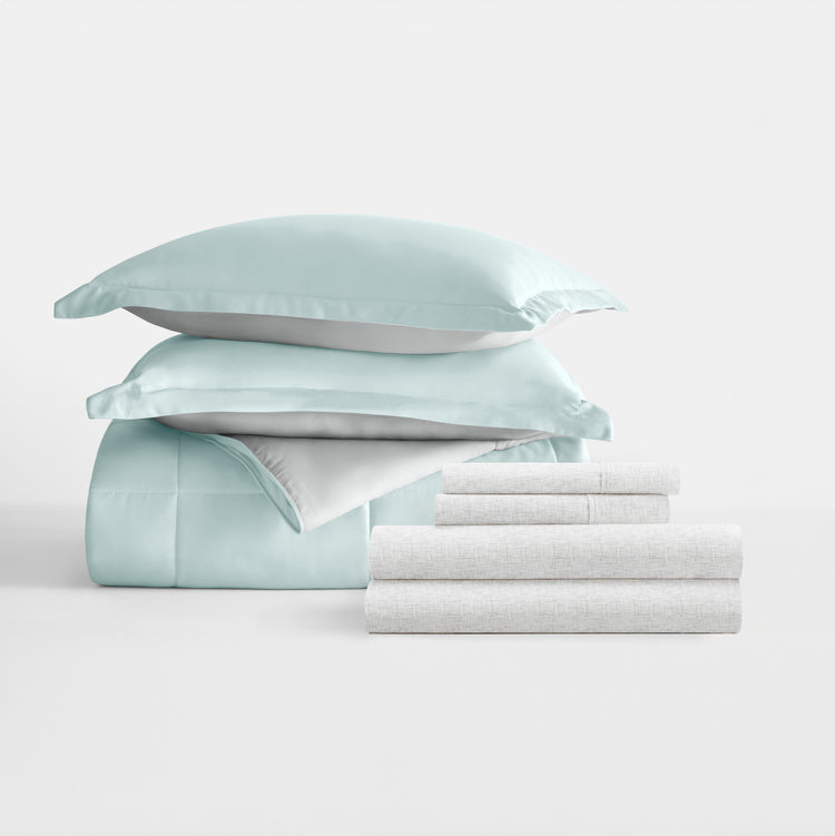 Aqua/Light Gray Reversible Comforter with Chambray White Pattern Sheets