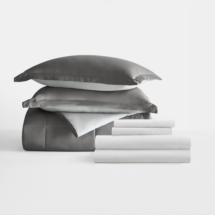 Gray/Light Gray Reversible Comforter with Pinstriped Light Gray Pattern Sheets