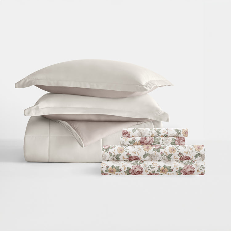 Latte/Natural Reversible Comforter with Blooming Floral Pattern Sheets