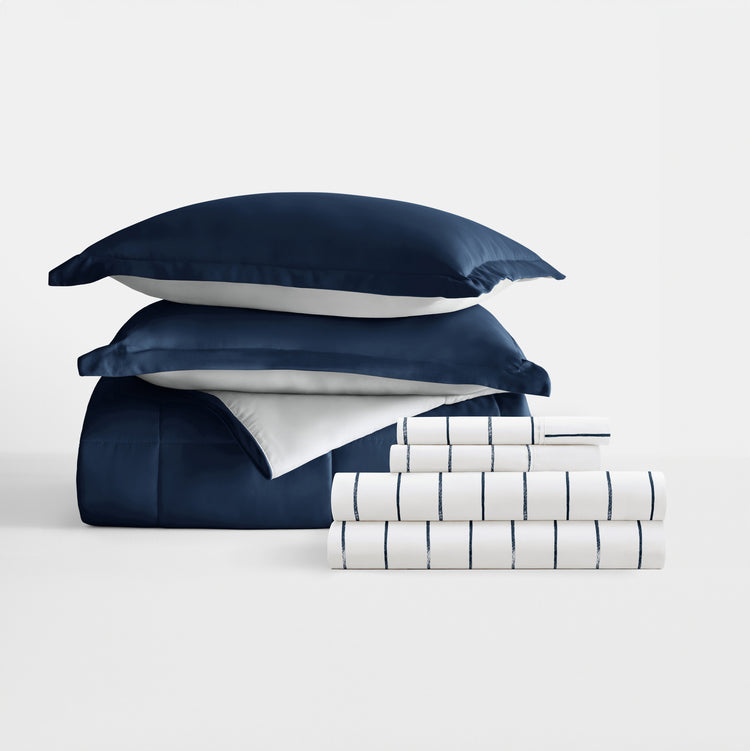 Navy/Light Gray Reversible Comforter with Distressed Navy Striped Pattern Sheets