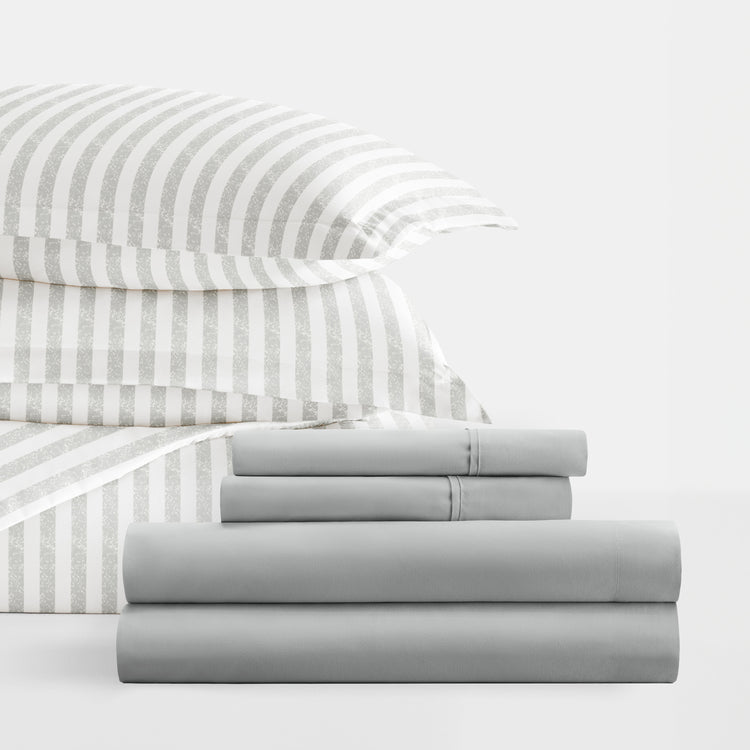 Puffed Stripes Light Gray with Light Gray Sheets.Bedding Bundle: Patterned Duvet Cover Set, White Comforter and Solid Sheet Set