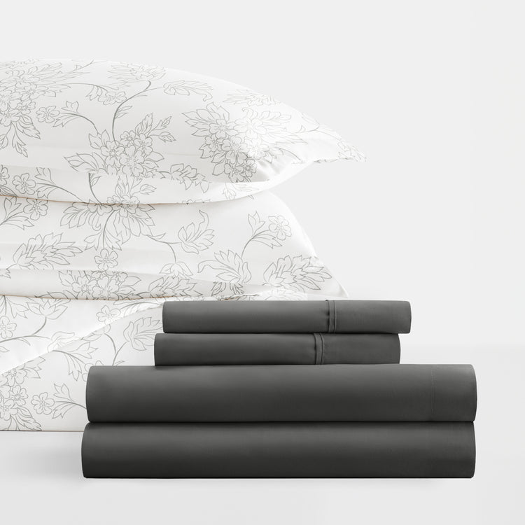 Vines Gray with Light Gray Sheets.Bedding Bundle: Patterned Duvet Cover Set, White Comforter and Solid Sheet Set