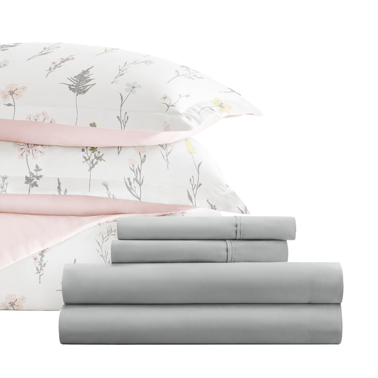 Wildflower Pink with Light Gray Sheets Bedding Bundle: Patterned Duvet Cover Set, White Comforter and Solid Sheet Set
