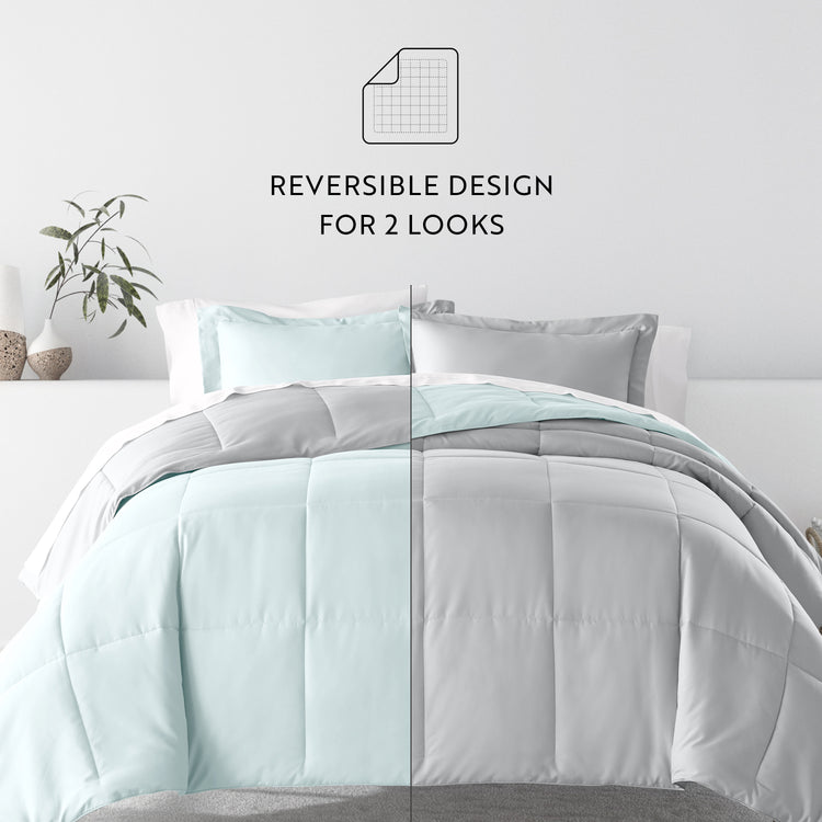 Aqua/Light Gray Reversible Comforter with Chambray White Pattern Sheets