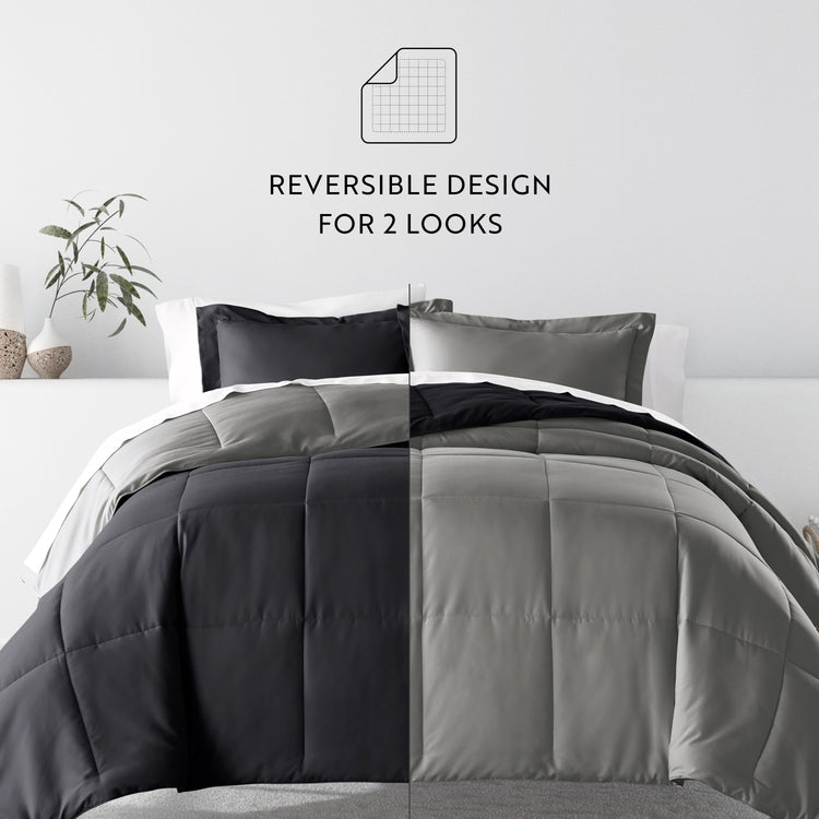 Black/Fog Reversible Comforter with Chambray Light Gray Pattern Sheets