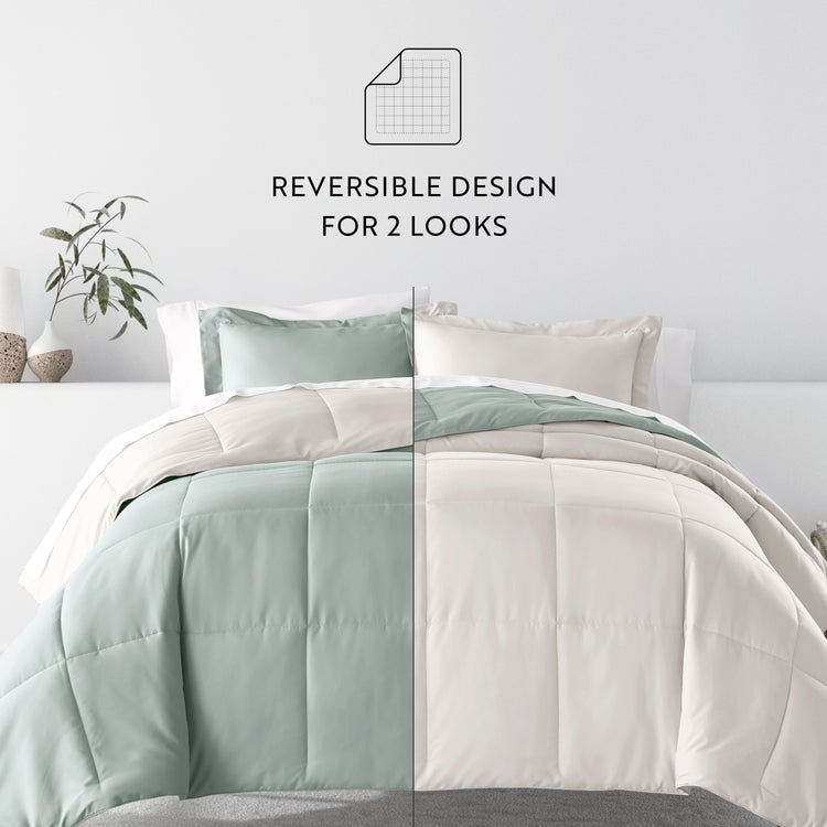 Eucalyptus/Natural Reversible Comforter with Modern Circle Green Mist Pattern Sheets