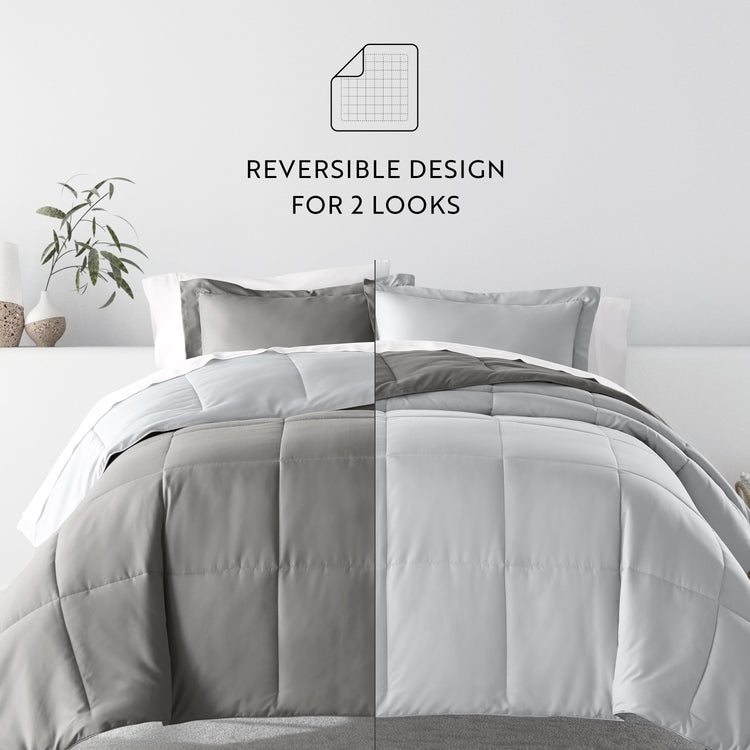 Gray/Light Gray Reversible Comforter with Pinstriped Light Gray Pattern Sheets