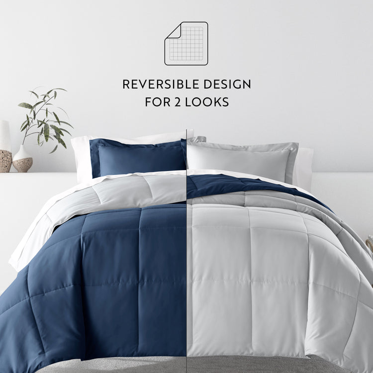 Navy/Light Gray Reversible Comforter with Distressed Navy Striped Pattern Sheets