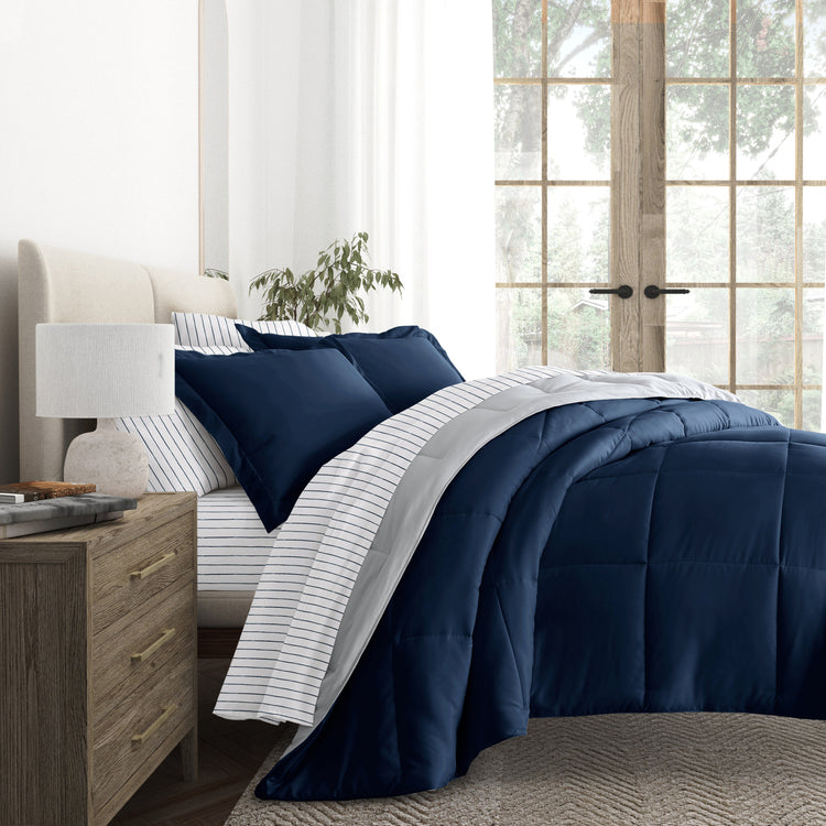Navy/Light Gray Reversible Comforter with Distressed Navy Striped Pattern Sheets