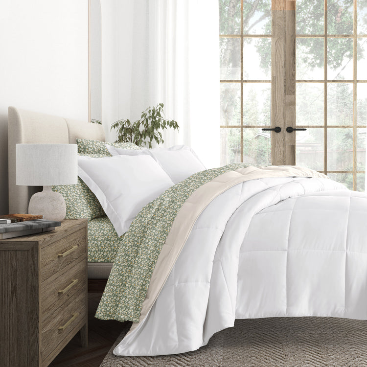 White/Ivory Reversible Comforter with Floral Dreams Eucalyptus Pattern Sheets