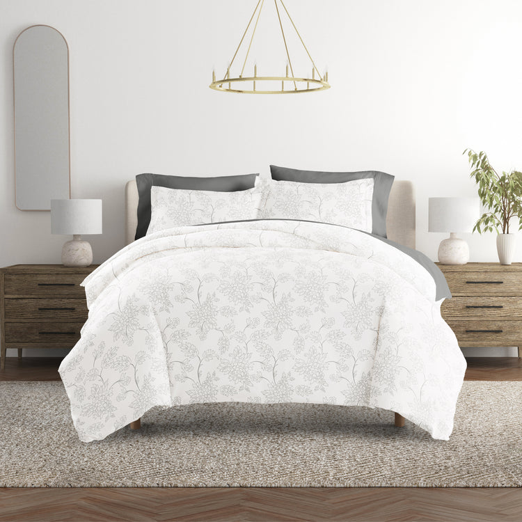 Vines Gray with Light Gray Sheets.Bedding Bundle: Patterned Duvet Cover Set, White Comforter and Solid Sheet Set