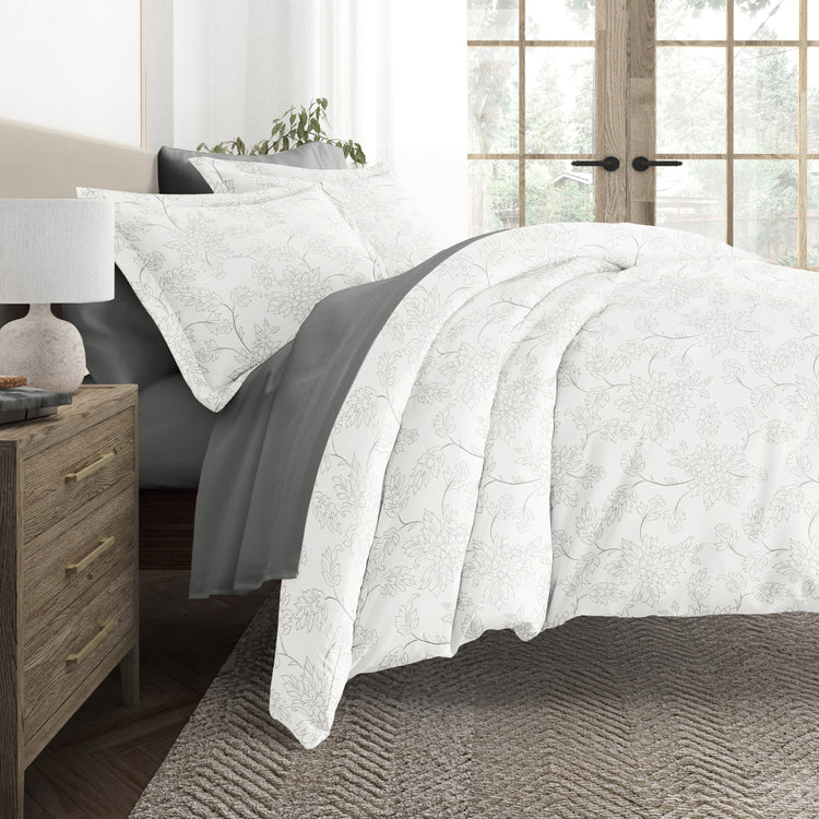 Vines Gray with Light Gray Sheets.Bedding Bundle: Patterned Duvet Cover Set, White Comforter and Solid Sheet Set