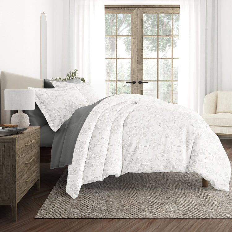 Vines Gray with Light Gray Sheets.Bedding Bundle: Patterned Duvet Cover Set, White Comforter and Solid Sheet Set