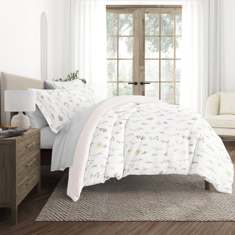 Wildflower Pink with Light Gray Sheets Bedding Bundle: Patterned Duvet Cover Set, White Comforter and Solid Sheet Set