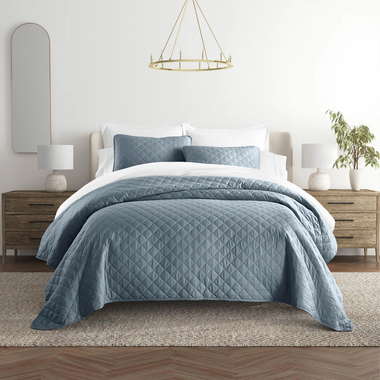Diamond Stitch Quilt Coverlet Set Dusk Blue - With Solid Sheet Set Stone