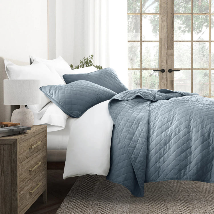 Diamond Stitch Quilt Coverlet Set Dusk Blue - With Solid Sheet Set Stone