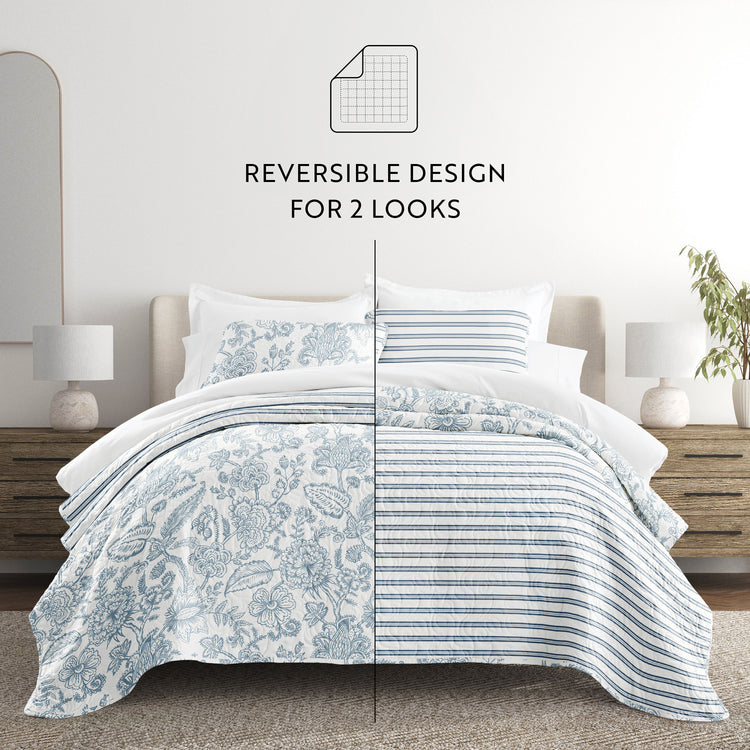 Jacobean Quilt Set with Shams Reversible Dusk Blue