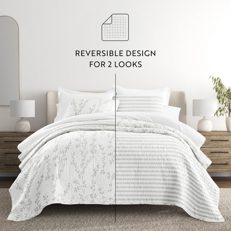 Sprouted Vines Quilt Set with Shams Reversible Light Gray