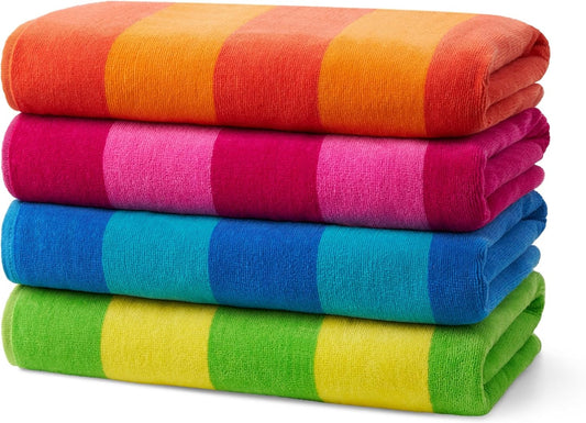Beach and Pool Velour Striped Towels - Soft & Absorbent - Assorted Colors  100% Cotton - 4 Pack
