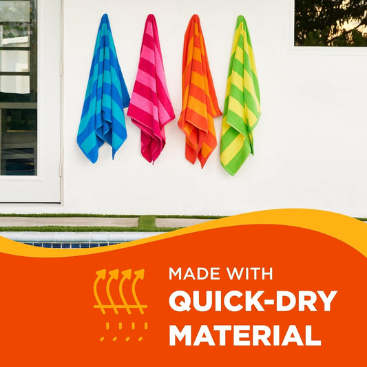 Beach and Pool Velour Striped Towels - Soft & Absorbent - Assorted Colors  100% Cotton - 4 Pack