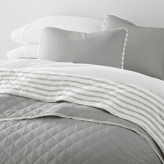 Summer Stripes Quilt Set with Shams Reversible  Light Gray