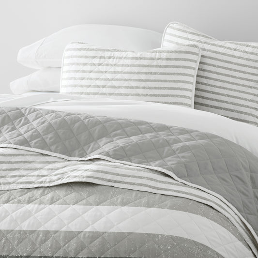 Summer Stripes Quilt Set with Shams Reversible  Light Gray