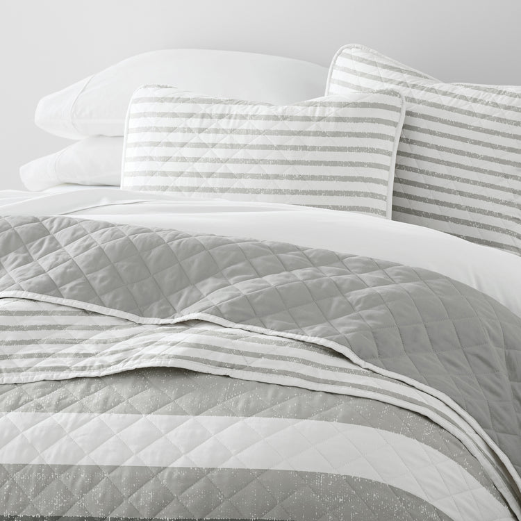 Summer Stripes Quilt Set with Shams Reversible  Light Gray