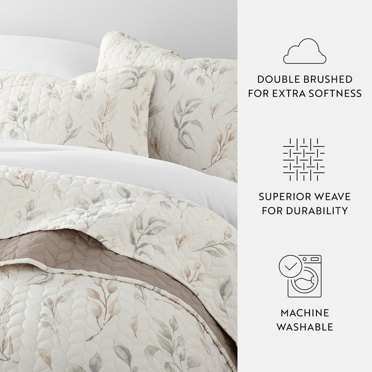 Leaves Quilt Set with Shams Reversible Latte
