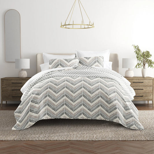 Painted Chevron Pattern Reversible Quilted Coverlet Set Light Gray - With Solid Sheet Set Light Gray