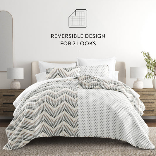 Painted Chevron Quilt Set with Shams Reversible Light Gray