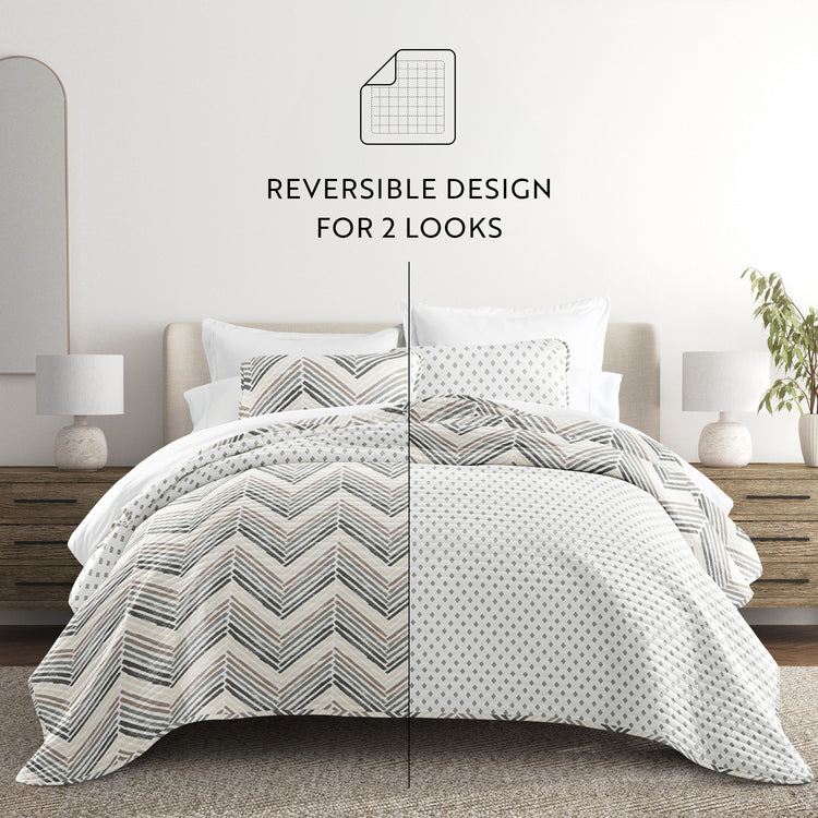 Painted Chevron Quilt Set with Shams Reversible Light Gray