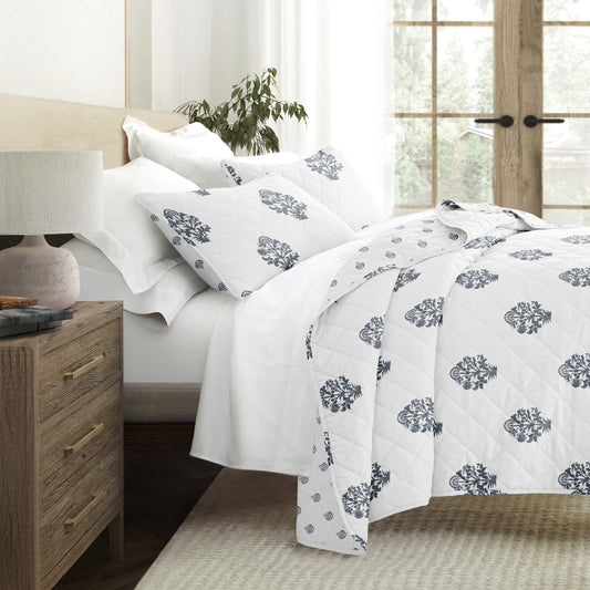 Bloom  Quilt Set with Shams Reversible Dusk Blue
