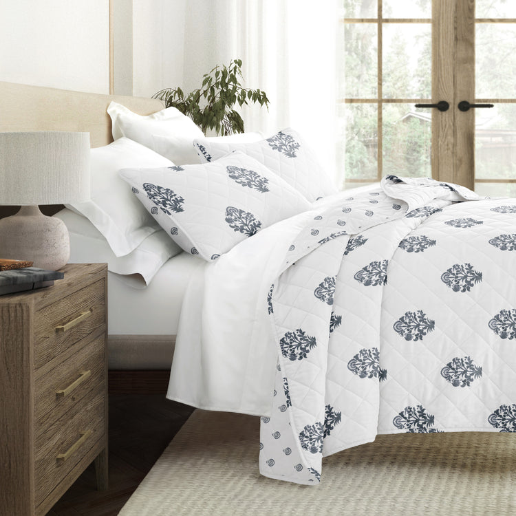 Bloom  Quilt Set with Shams Reversible Dusk Blue