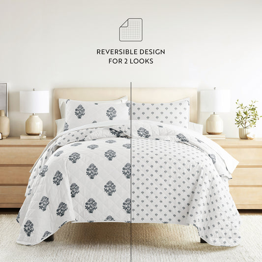 Bloom  Quilt Set with Shams Reversible Dusk Blue