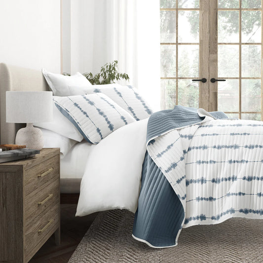 Shibori Quilt Set with Shams Reversible  Duskblue