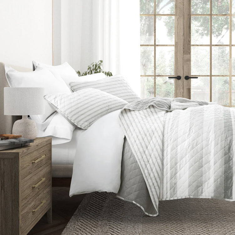 Summer Stripes Quilt Set with Shams Reversible  Light Gray
