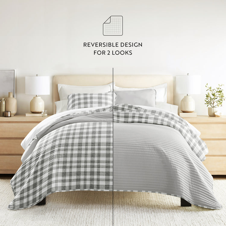 Plaid Quilt Set with Shams Reversible Gray